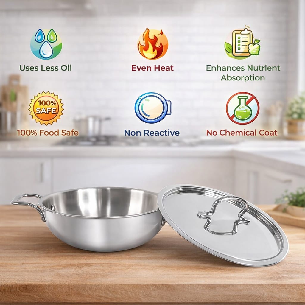 Premium Triply Stainless Steel 24CM Kadhai with Lid | Heavy Bottom 3 Layer (SS + Aluminum + SS) | Induction & Gas Compatible | Stylish Mirror Finish Rust free Handles