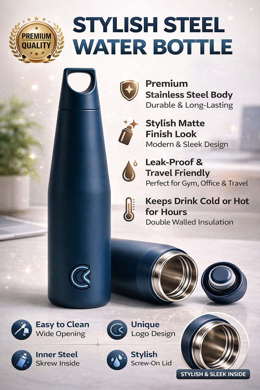Double Wall Stainless Steel Water Bottle | Vacuum Insulated | Hot & Cold | Leakproof & Durable | (Mint Blue 1L)
