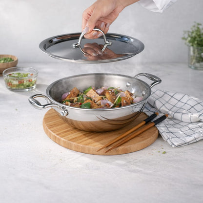 Premium Triply Stainless Steel 24CM Kadhai with Lid | Heavy Bottom 3 Layer (SS + Aluminum + SS) | Induction & Gas Compatible | Stylish Mirror Finish Rust free Handles