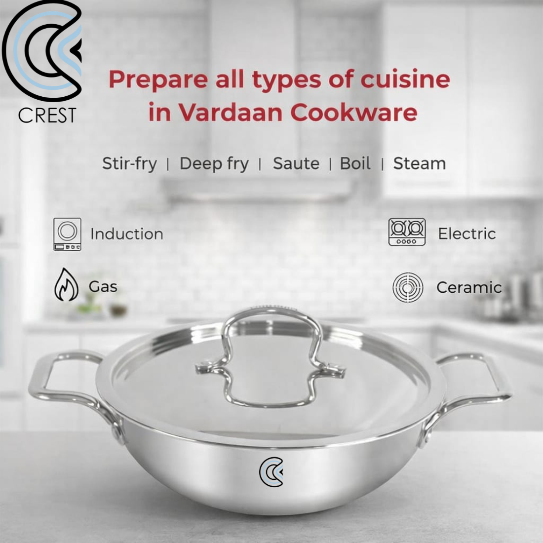 Premium Triply Stainless Steel 24CM Kadhai with Lid | Heavy Bottom 3 Layer (SS + Aluminum + SS) | Induction & Gas Compatible | Stylish Mirror Finish Rust free Handles