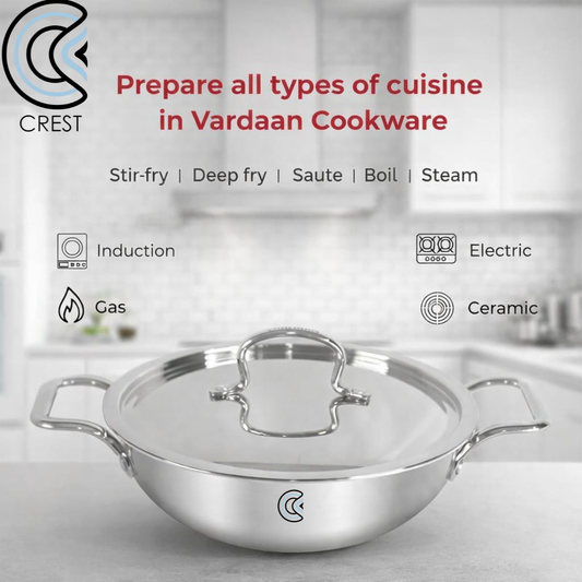 Premium Triply Stainless Steel 24CM Kadhai with Lid | Heavy Bottom 3 Layer (SS + Aluminum + SS) | Induction & Gas Compatible | Stylish Mirror Finish Rust free Handles