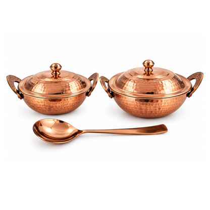 Serving Set Steel with Rose Gold Finish Hammered Design 2 Kadhai & 2 Lid Spoon 1