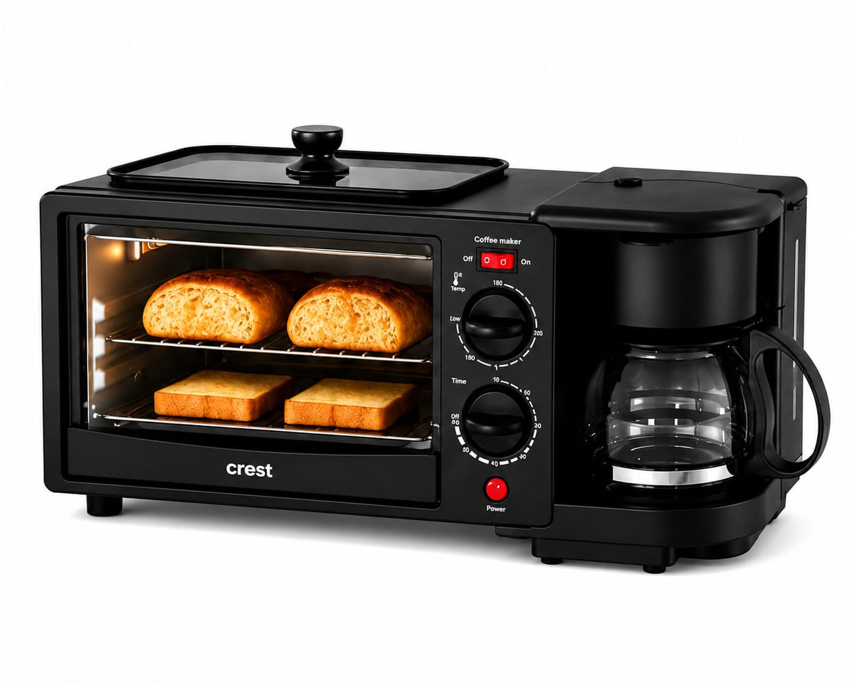 ProChef  3 in 1 Breakfast Maker With Oven Toaster Griller, Coffee Maker, Frying Pan | Adjustable Temperature & Timer, Bake, Grill & Toast- Black