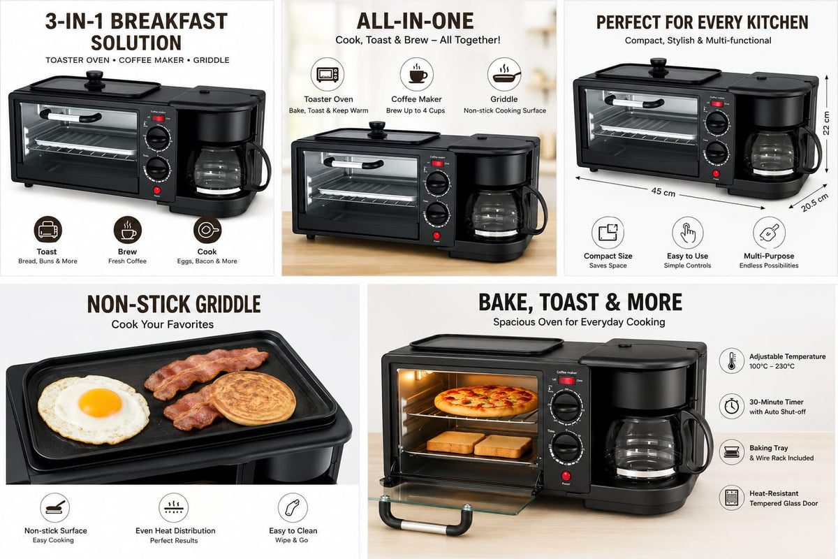ProChef  3 in 1 Breakfast Maker With Oven Toaster Griller, Coffee Maker, Frying Pan | Adjustable Temperature & Timer, Bake, Grill & Toast- Black