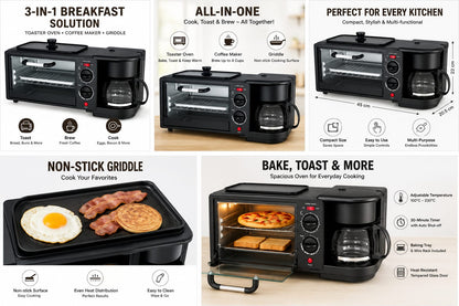 ProChef  3 in 1 Breakfast Maker With Oven Toaster Griller, Coffee Maker, Frying Pan | Adjustable Temperature & Timer, Bake, Grill & Toast- Black