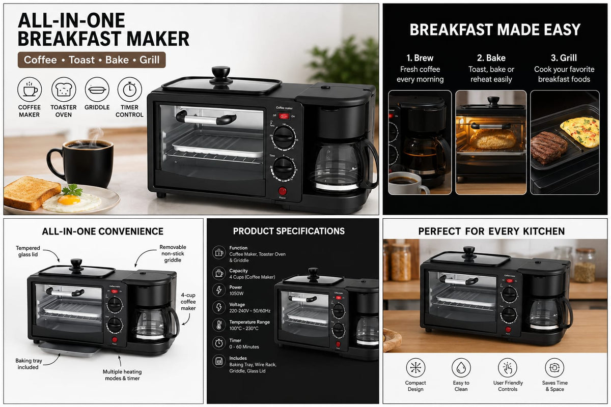 ProChef  3 in 1 Breakfast Maker With Oven Toaster Griller, Coffee Maker, Frying Pan | Adjustable Temperature & Timer, Bake, Grill & Toast- Black