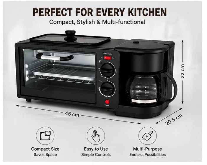 ProChef  3 in 1 Breakfast Maker With Oven Toaster Griller, Coffee Maker, Frying Pan | Adjustable Temperature & Timer, Bake, Grill & Toast- Black