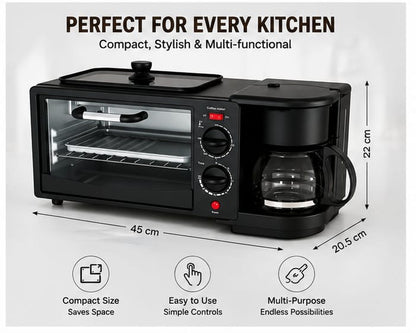 ProChef  3 in 1 Breakfast Maker With Oven Toaster Griller, Coffee Maker, Frying Pan | Adjustable Temperature & Timer, Bake, Grill & Toast- Black