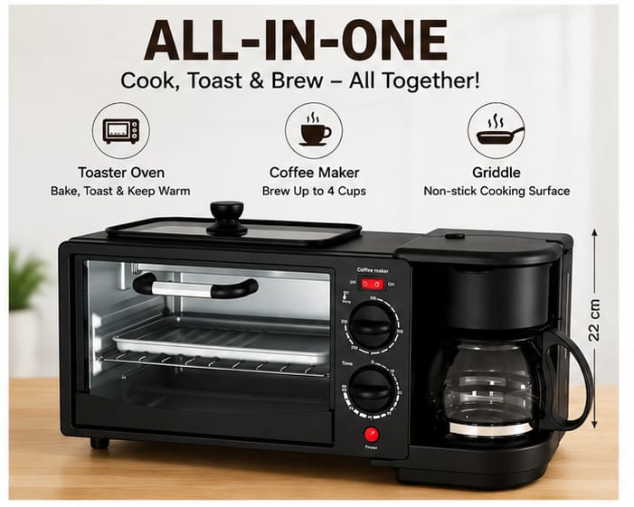 ProChef  3 in 1 Breakfast Maker With Oven Toaster Griller, Coffee Maker, Frying Pan | Adjustable Temperature & Timer, Bake, Grill & Toast- Black