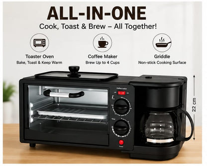 ProChef  3 in 1 Breakfast Maker With Oven Toaster Griller, Coffee Maker, Frying Pan | Adjustable Temperature & Timer, Bake, Grill & Toast- Black
